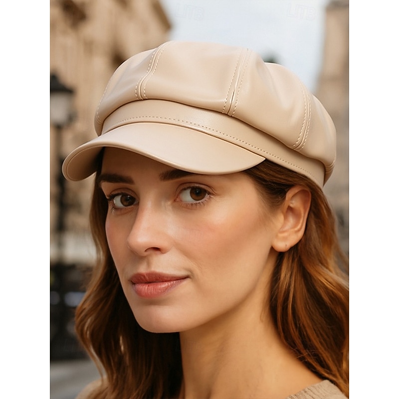Women's Faux Leather Newsboy Cap, Vintage Octagonal Baker Boy Hat Fashion Retro Streetwear Accessory for Fall and Winter
