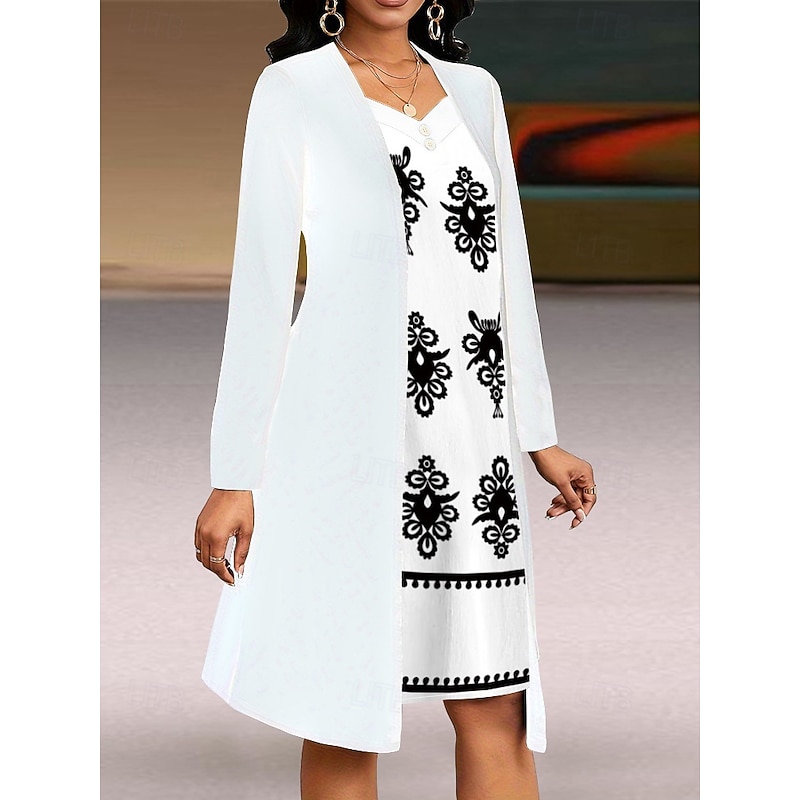 Women's Midi Dress A Line Dress Casual Daily Loose Fit Floral Long Sleeve V Neck White Summer Spring Fall3