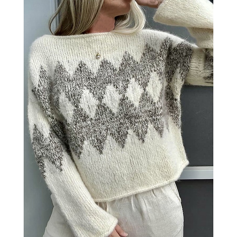 Women's Sweater Pullover Streetwear Casual Argyle Crew Neck Knitted Long Sleeve Regular Tops Knit Daily Holiday Going out Beige Fall Winter2