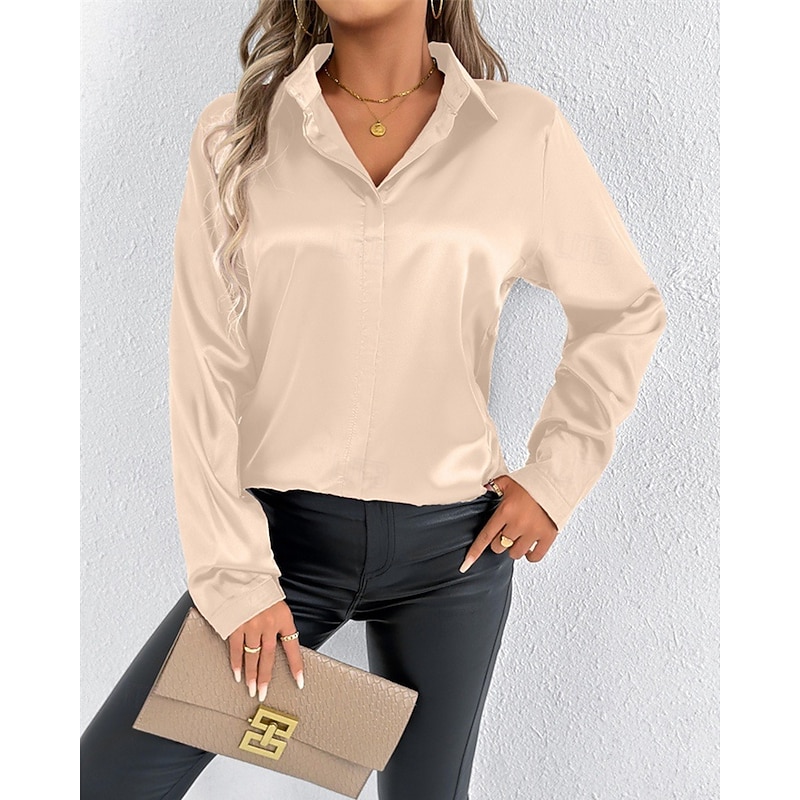 Women's Shirt Elegant Dressy Satin Solid Color Stylish Casual Long Sleeve Shirt Collar Regular Tops Daily Going out Buttons Black White Beige Spring Fall