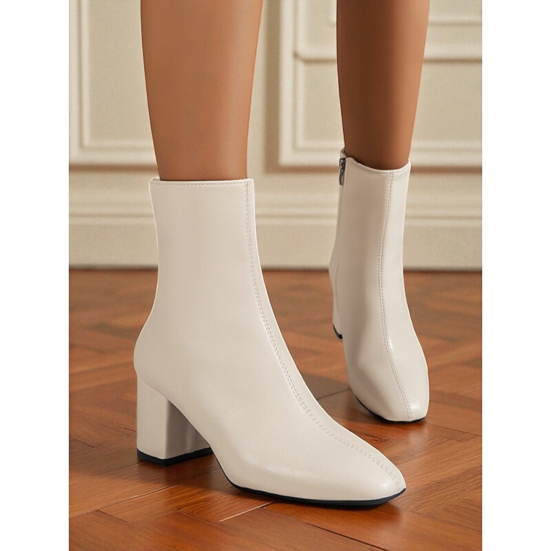 Women's White Faux Leather Ankle Boots – Block Heel Side Zip Fashion Booties for Casual, Work and Daily Outfits