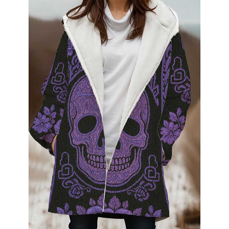Women's Winter Coat Winter Jacket Windproof Warm Zipper Pocket Fleece Lined Open Front Casual Skull Outdoor Vacation Home Casual Long Hooded Regular Fit Long Sleeve Outerwear Pink Blue Purple Winter4