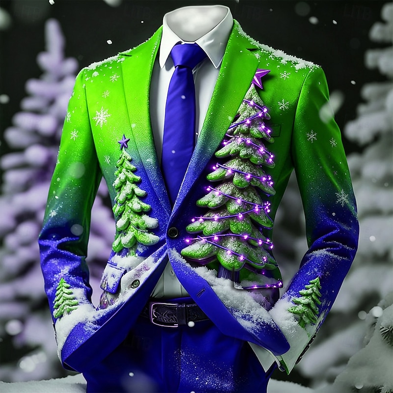 Men's Blazer Coat Christmas Casual Casual Daily Fall / Winter 100% Polyester Christmas Tree 3D Print Buttons Thermal Warm Comfortable Single Breasted Blazer Red Ocean Blue Blue Green3