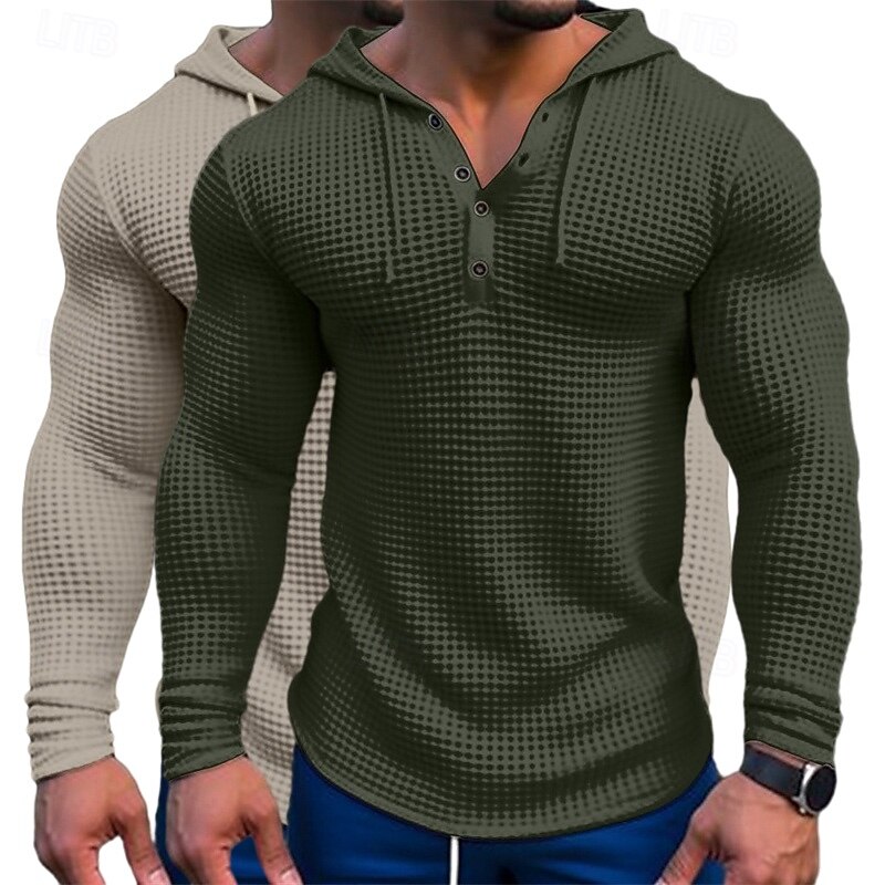 Men's Waffle Shirt T Shirt Tee Top Long Sleeve Shirt Long Sleeve Hooded Spring &  Fall All Seasons Plain Fashion Designer Basic 2 Piece Buttons Vacation Street Casual Army Green + Gray Khaki green4