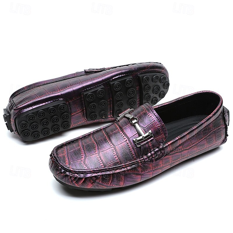 Men's Purple Crocodile Pattern Loafers – Luxury Slip-On Driving Shoes with Metal Buckle Detail for Casual, Business and Party Wear2