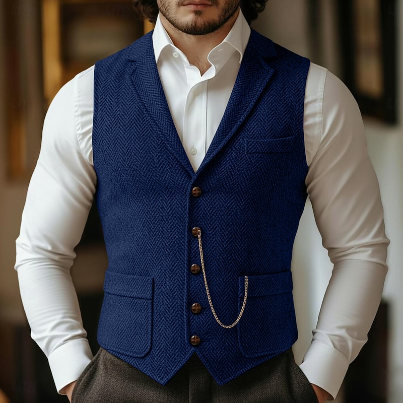 Men's Vest Waistcoat Formal Wedding Party Vintage Classic & Timeless Fall & Winter Polyester Solid Color Single Breasted Blazer Dark Gray Navy Blue Brown
