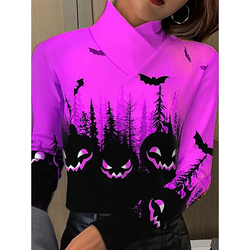 Halloween Women's T shirt Pumpkin Graphic Elegant Vintage Stylish Long Sleeve High Neck Regular Tops Daily Print Blue Purple Orange Green Spring Fall Winter3