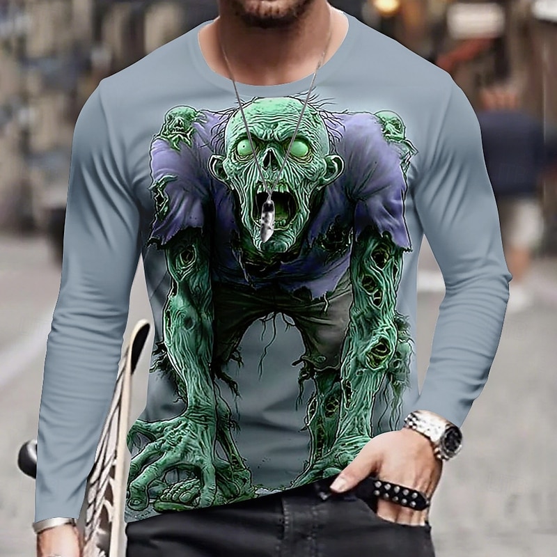 Halloween Men's Optical Illusion Zombies 3D T Shirt Long Sleeve T shirt 3D Print Crew Neck Shirt Fashion Exaggerated Street Casual Daily Light Blue Light Green Green Summer Spring Fall Clothing2