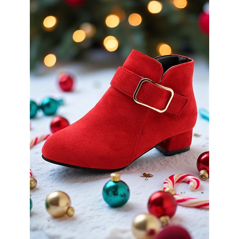 Girl's Red Suede Ankle Boots with Buckle Strap - Stylish Mid Heel Christmas Party Shoes for Kids Holiday Outfits