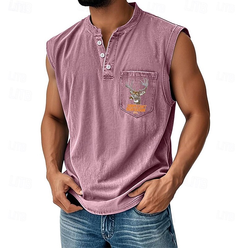Men's Vest Top Undershirt Sleeveless Shirt Sleeveless Henley All Seasons Reindeer Deer Fashion Designer Pocket Vacation Street Going out Black Pink Dark Navy Top Tee for Men4