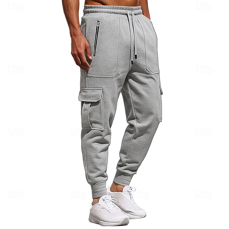 Men's Cargo Sweatpants Sweatpants Fleece Pants Joggers Trousers Drawstring Zipper Elastic Waist Solid Color Plain Windproof Outdoor Full Length Casual Daily Vacation Fashion Black White Micro-elastic2