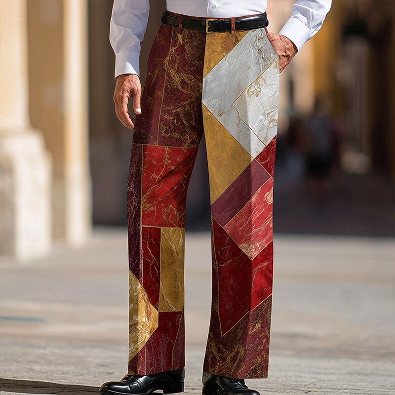 Men's Geometric Color Block Patchwork Trousers Dress Pants Suit Pants Mid Waist Business Casual Party Dailywear Holiday Relaxed Fit Flat Front Dress Pants with Side Pockets Spring Fall 3D Print Blue