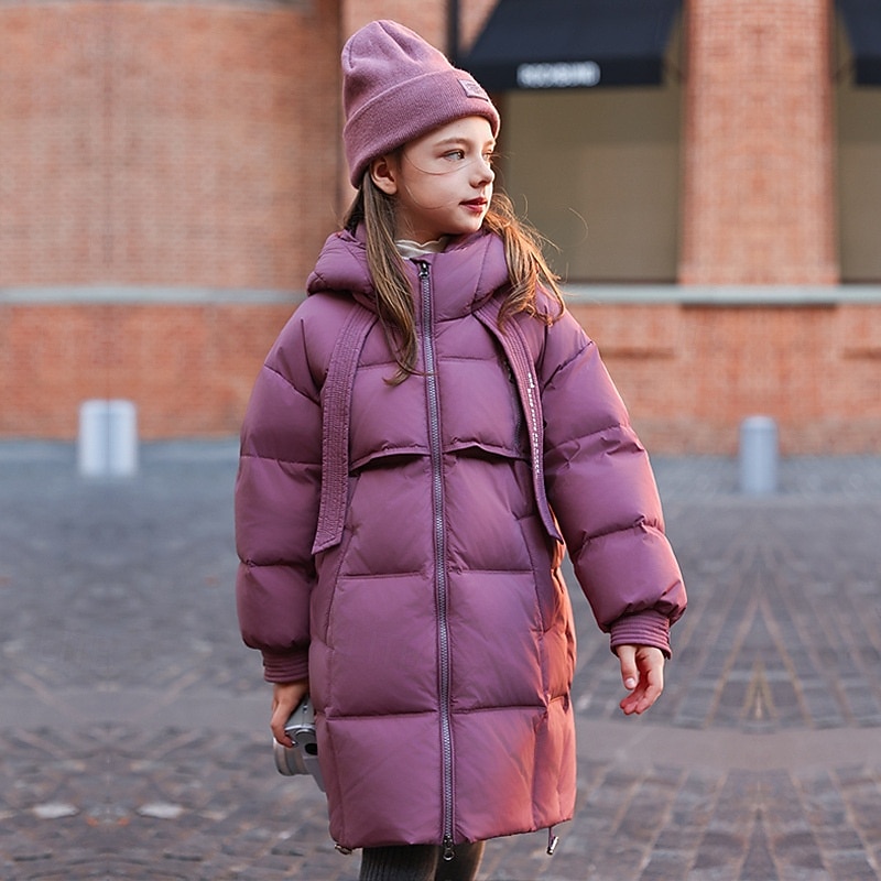 Kids Girls' Down Jacket Outdoor Jacket Puffer Jacket Solid Color Fashion Keep Warm Windproof Outdoor Coat Outerwear 4-12 Years Fall Black Purple Green