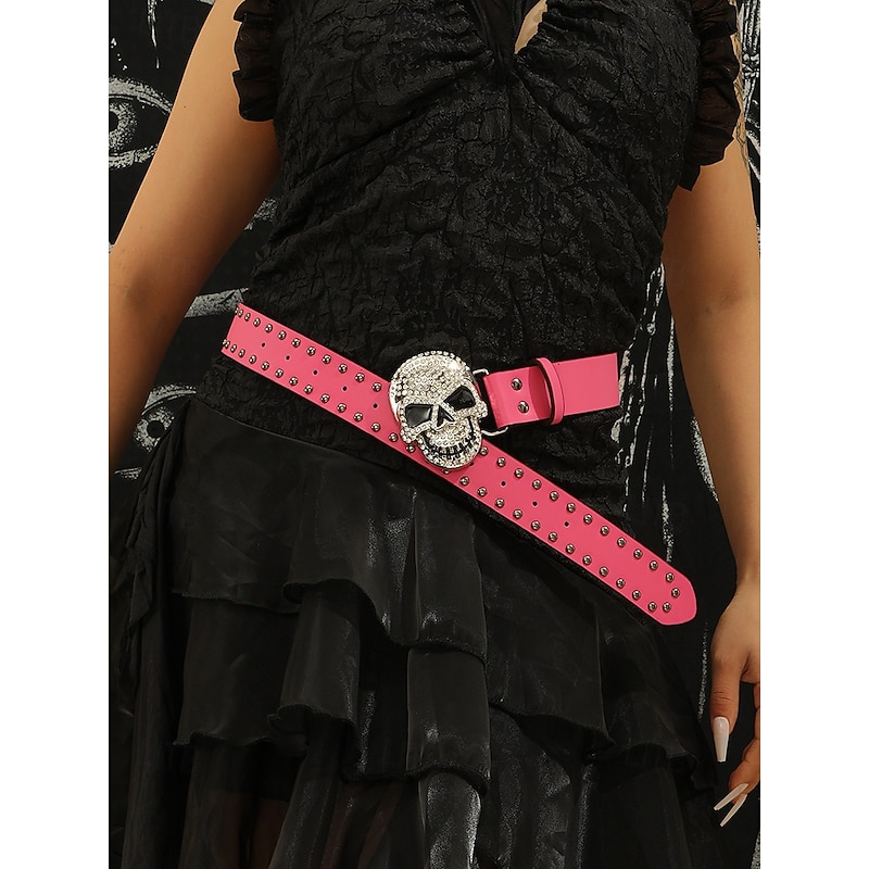 Women's Halloween Skull Belt – Gothic Punk Rhinestone Studded Waist Belt with Skull Buckle in Multiple Colors for Party, Cosplay and Nightlife Outfits