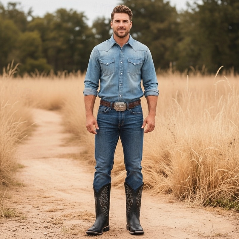 Men's Brown Western Cowboy Boots with Embroidered Shaft, Durable Faux Leather for Ranch and Casual Wear3