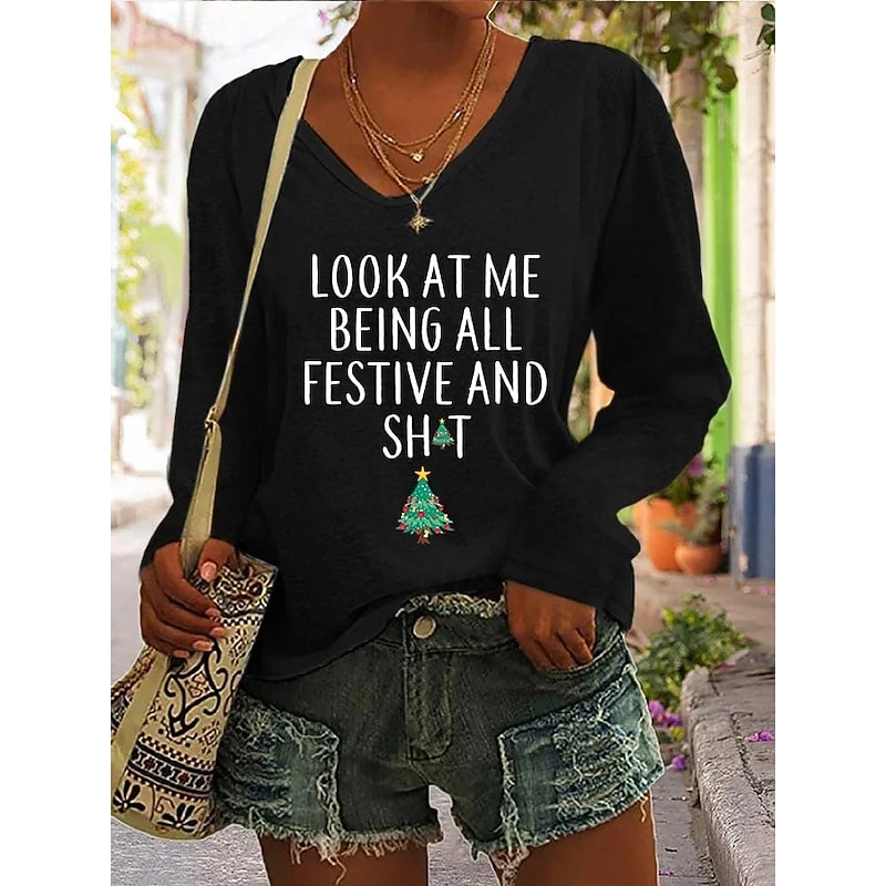 Christmas Women's T Shirt Graphic Christmas Tree Letter Vintage Stylish Classic Long Sleeve V Neck Regular Tops Daily Print Black White Pink Red Green Spring Fall Winter4