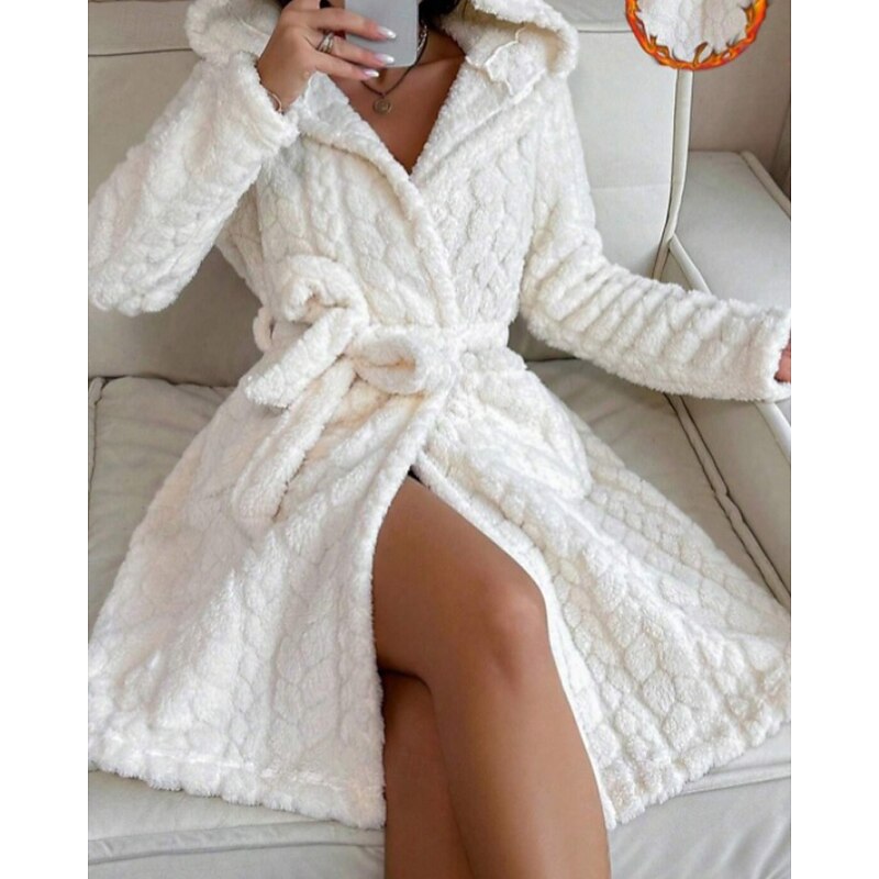 Women's Pajamas Robe Casual Pure Color Pocket Vacation Home Long Sleeve Hoodie White Fall Winter Loose Fit