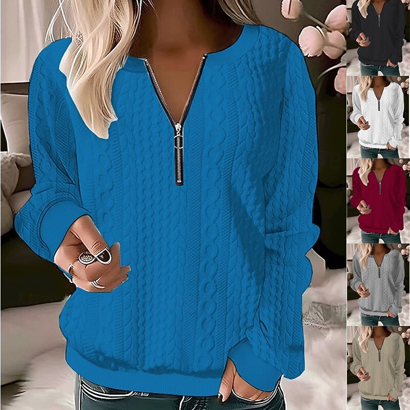 Women's Blouse Solid Color Stylish Casual Long Sleeve Crew Neck Regular Tops Daily Zipper Black Pink Red Blue Purple Spring Fall Winter