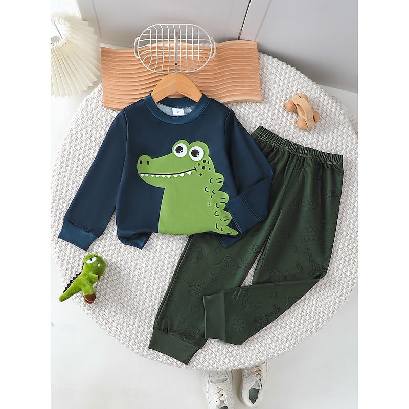 2 Pieces Toddler Boys' T-shirt & Pants Outfit Dinosaur Long Sleeve Crewneck Set School Fashion Daily Fall Winter 4-7 Years Army Green3