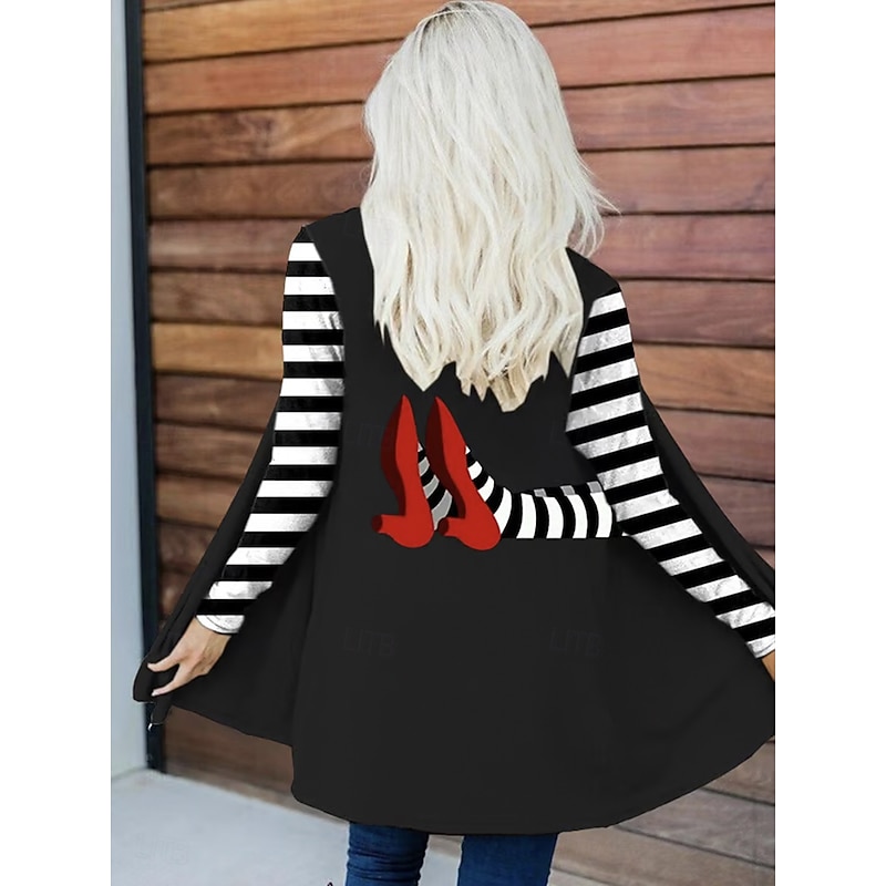 Halloween Women's Winter Coat Trench Coat Lightweight Comfortable Witch Print Open Front Vintage Fashion Casual Witch Vacation Casual Long Collarless Regular Fit Long Sleeve Outerwear Black White2