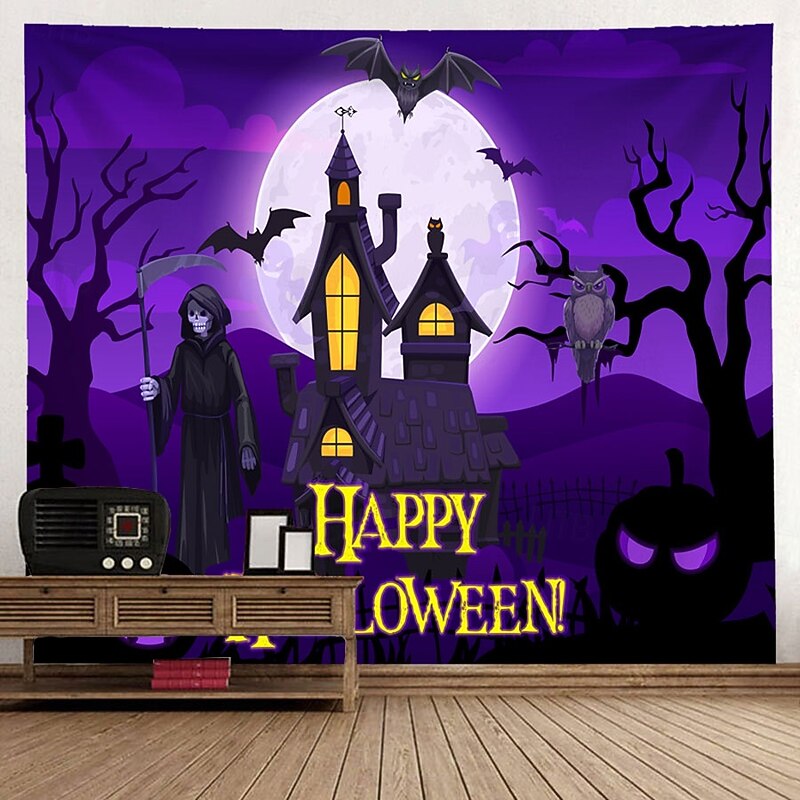 Halloween Purple Night Castle Tapestry Peach Velvet Wall Banner Glowing Windows Bare Trees Happy Halloween Party Decoration Bedroom Living Room Photography Background