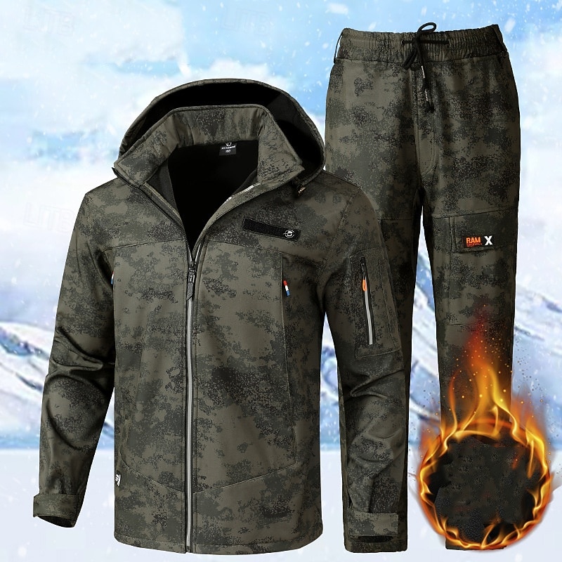 Men's Hiking Jacket Fleece Jacket Puffer Jacket Thermal Set Winter Outdoor Camo Thermal Warm Waterproof Windproof Top Black Green Grey