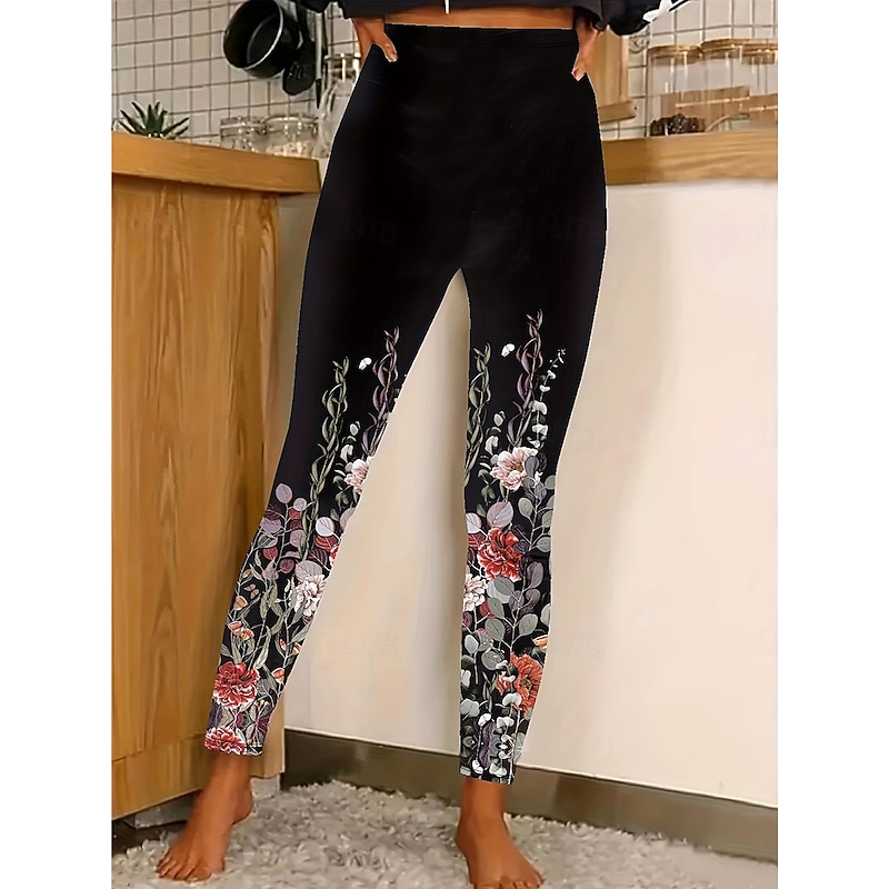 Women's Leggings Vintage Fashion Streetwear Full Length High Waist Floral Graphic Printing Thermal Warm Soft Breathable Stretchy Vacation Street Black Yellow Orange Green Spring Fall Winter Slim Fit4