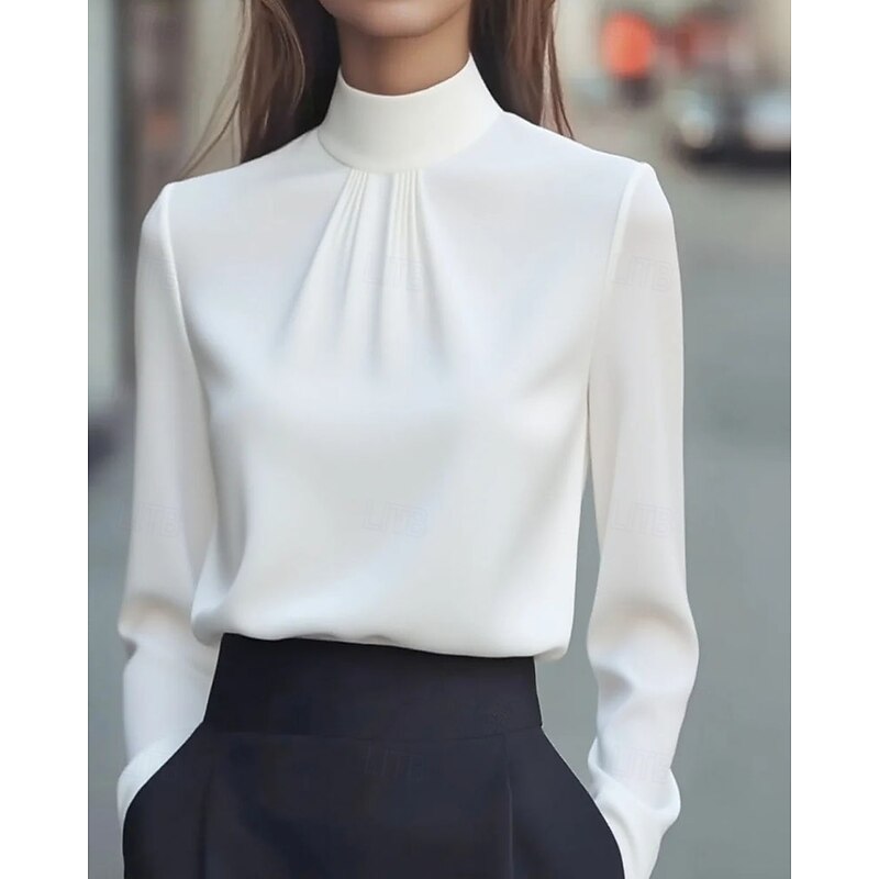 Women's Shirt Dressy Blouse Plain Elegant Stylish Long Sleeve High Neck Regular Tops Work Holiday Going out Ruched Black White Purple Khaki Spring Fall2