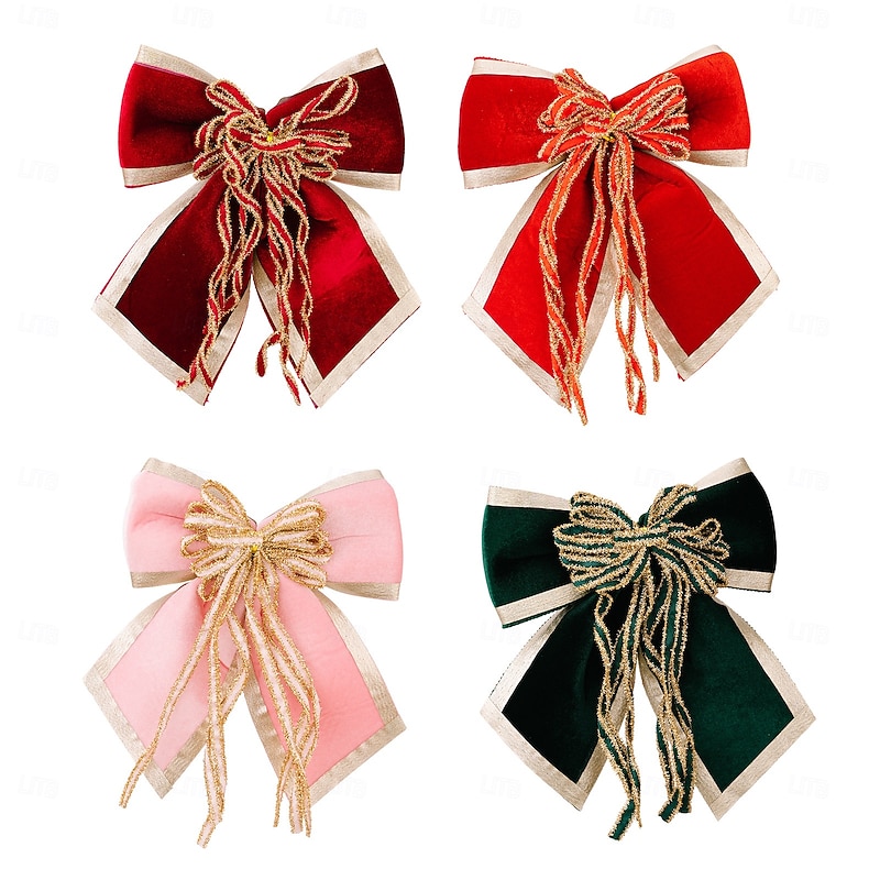 Christmas Bow Ornaments, Large Velvet Luxury Gold Trim Plush Bows for Christmas Tree Decoration, Holiday Party Indoor Outdoor Decor2