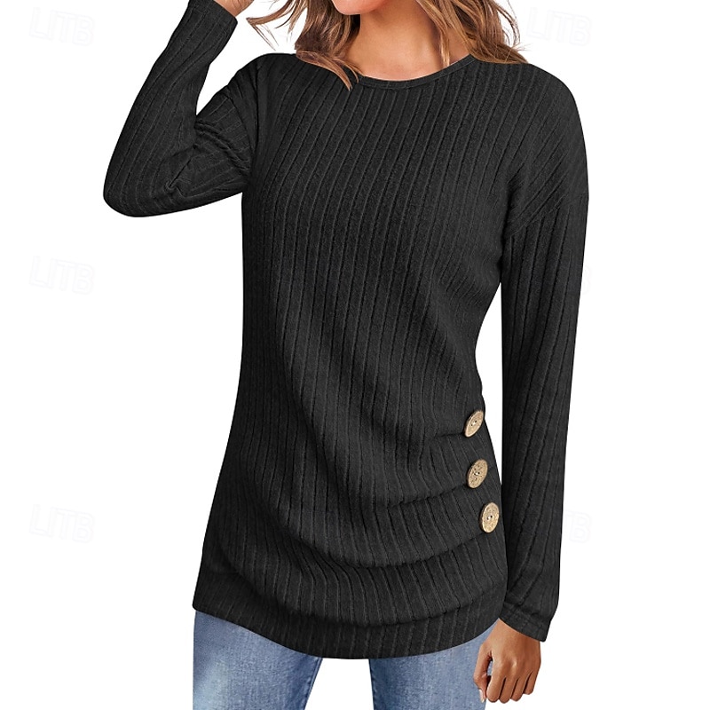 Women's Sweater Pullover Streetwear Casual Solid Color Ribbed Crew Neck Buttons Knitted Long Sleeve Regular Tops Knit Daily Holiday Weekend Black Army Green Fall Winter