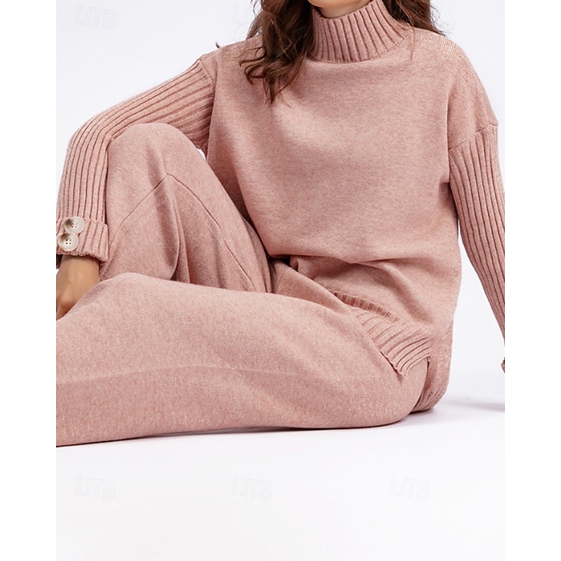 Women's Sweater Sweater Co-ords Pullover Streetwear Casual Solid Color Mock Neck Knitted Asymmetric Hem Long Sleeve Regular Tops Knit Daily Holiday Weekend Black Pink Fall Winter3