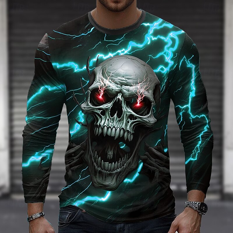 Halloween Men's Skull Lightning T Shirt Long Sleeve T shirt 3D Print Crew Neck Shirt Fashion Exaggerated Street Casual Daily Yellow Blue Green Summer Spring Fall Clothing Apparel S M L XL XXL XXXL2