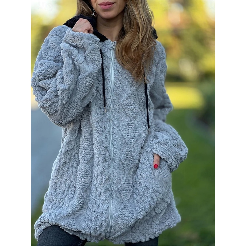 Women's Winter Coat Sherpa Jacket Comfortable Breathable Zipper Pocket Casual Plain Vacation Street Casual Daily Wear Zipper Short Hooded Regular Fit Long Sleeve Outerwear Black Wine Khaki Spring Fall