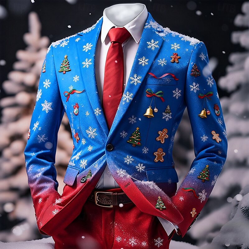 Men's Blazer Coat Christmas Casual Casual Daily Fall / Winter 100% Polyester Christmas Tree Christmas Bell 3D Print Buttons Thermal Warm Comfortable Single Breasted Blazer Blue Purple Green