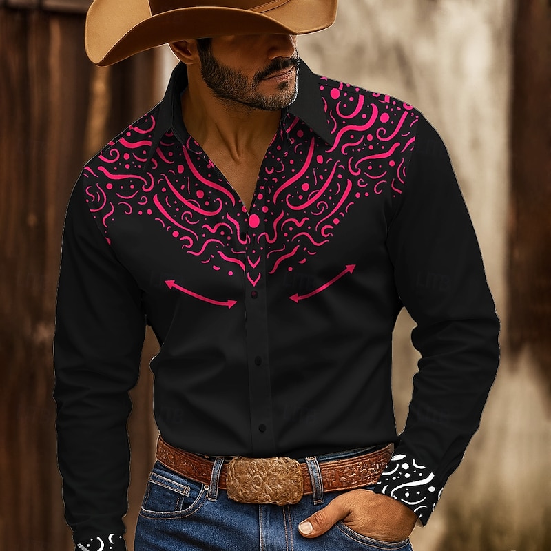 Men's Floral Print Ethnic Shirt Western Shirt Button Up Shirt Long Sleeve Vintage Retro Outdoor Casual WorkWear Spring Fall Turndown 3D Print Collared Shirts Black-Red Black+White Black+Blue2