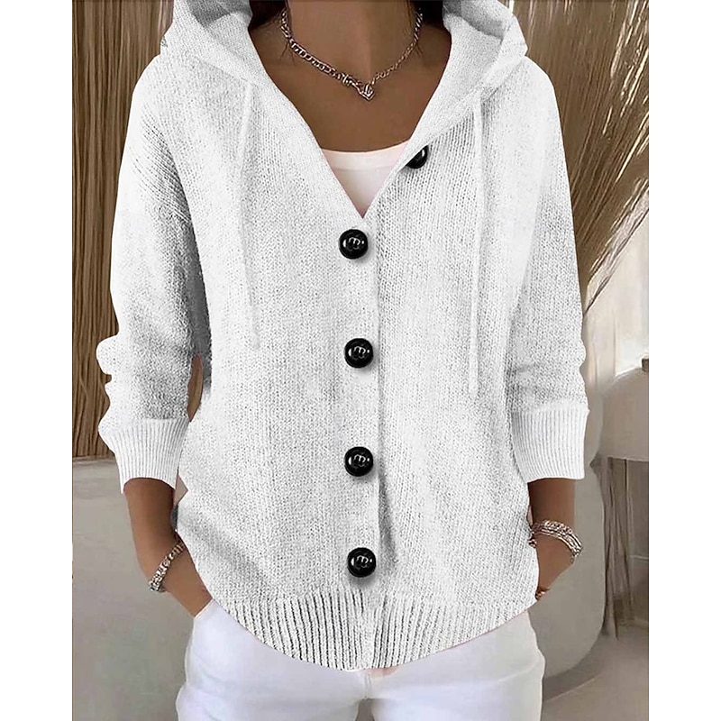 Women's Sweater Cardigan Fashion Streetwear Casual Pure Color Ribbed Hooded Pocket Buttons Knitted Long Sleeve Regular Tops Knit Outdoor Daily Weekend Black White Fall Winter3