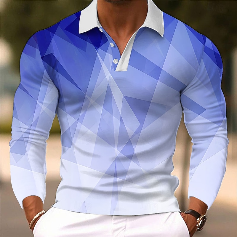 Men's Geometic Polo Long Sleeve Polo Shirts Collared Shirts Casual Athleisure Daily Wear 3D Print Buttons Spring Fall Winter Blue Orange Light Blue3