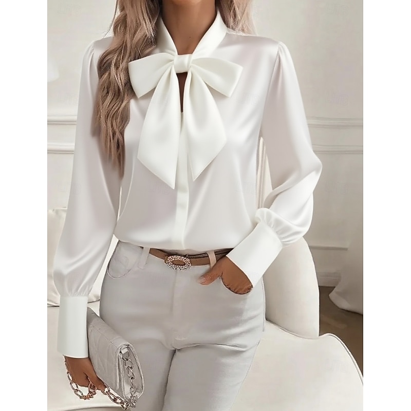 Women's Elegant Dressy Satin Blouse Solid Color Elegant Long Sleeve Tie Neck Regular Tops Bow Black White Pink Khaki Fall3
