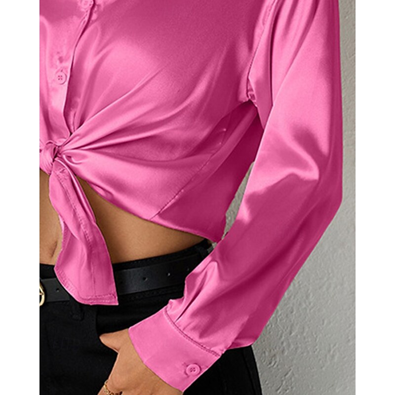 Women's Shirt Elegant Dressy Satin Solid Color Elegant Stylish Casual Long Sleeve Shirt Collar Regular Tops Daily Going out Buttons Pink Spring Fall3