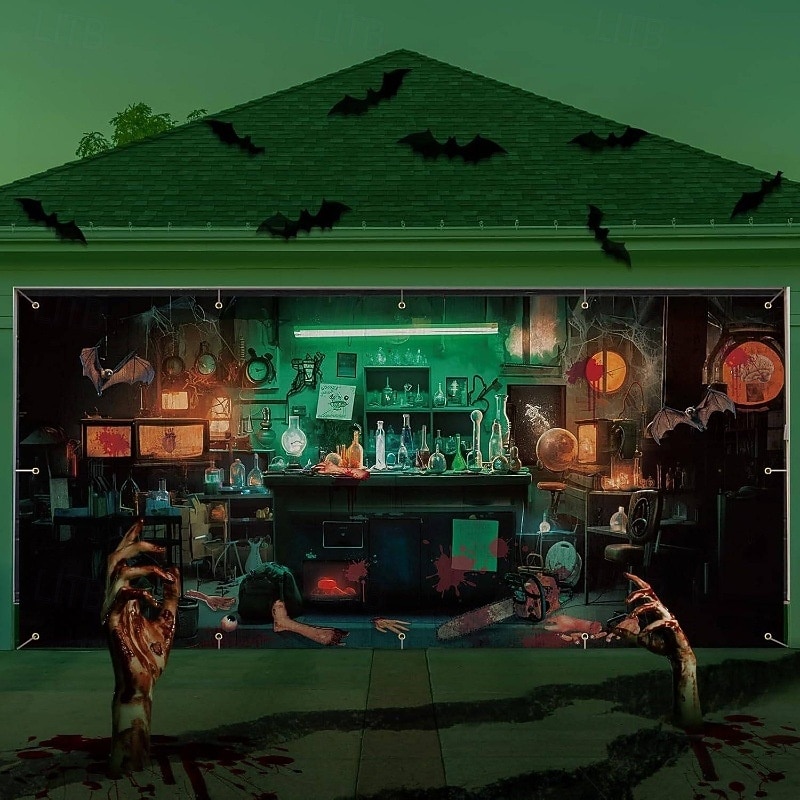 Halloween Garage Door Cover Large Outdoor Backdrop Featuring Car Man Back View Chemical Lab Body Parts Cemetery Scary Clown Yard Front Porch Wall Decorations2