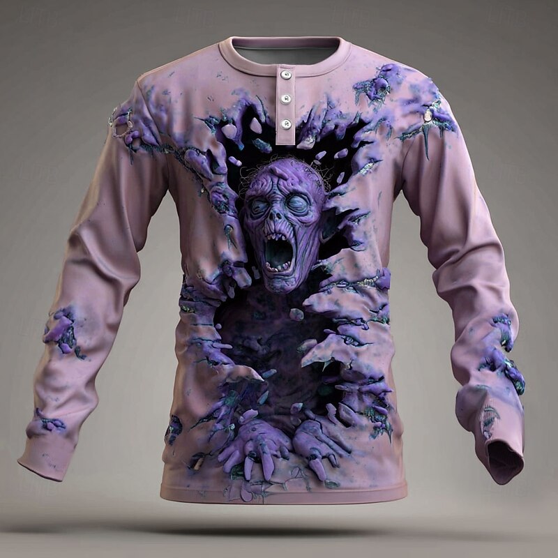 Men's Halloween Zombies Henley Shirt Long Sleeve Fashion Cute Daily Casual Holiday Going out Fall Spring &  Fall Green Purple Blue Khaki Henley Henley T-Shirt2