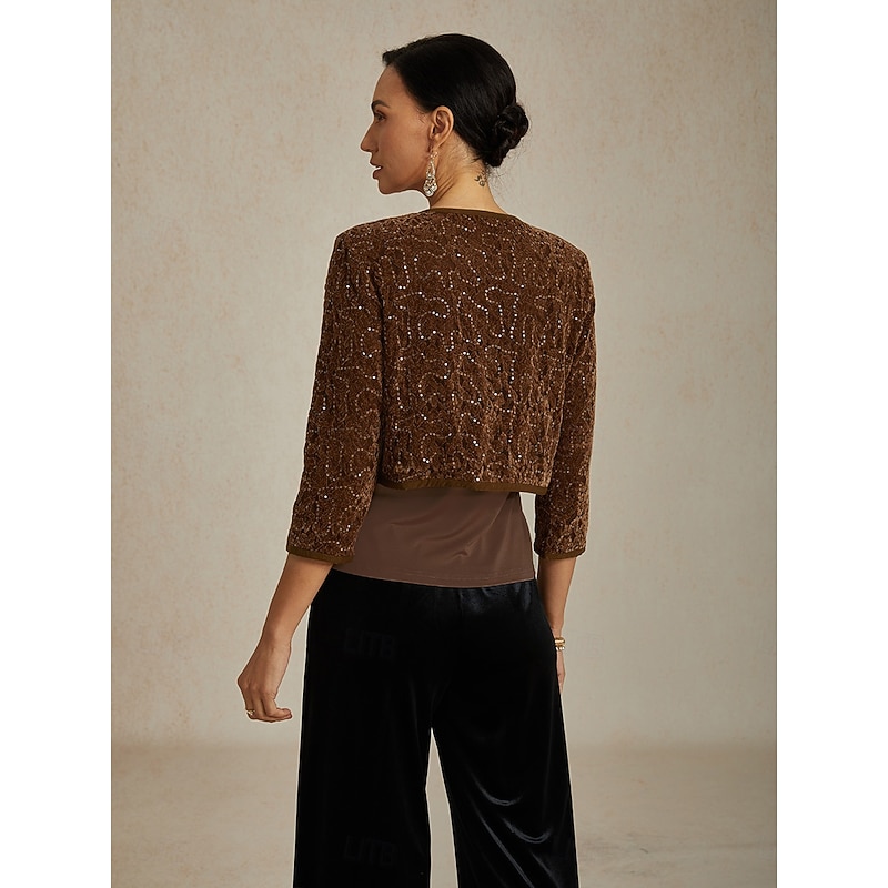 Women's Lace Tops Evening Tops Sequin Tops Elegant Party Crew Neck Brown Fall Winter2
