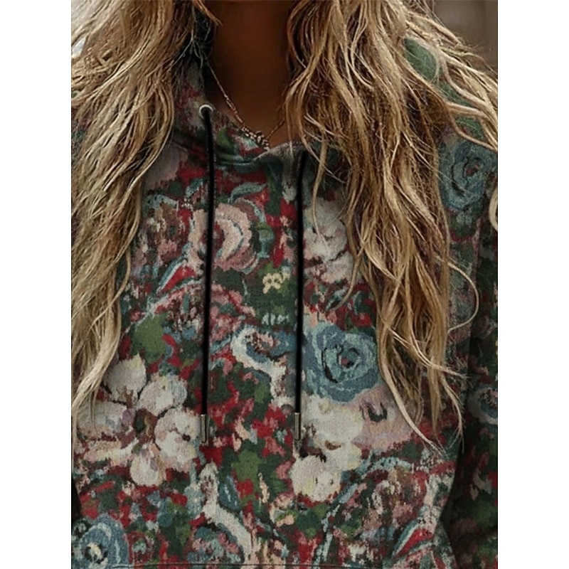 Women's Pullover Hoodies Floral Vintage Streetwear Casual Long Sleeve Hooded Regular Tops Dailywear Casual Sports Drawstring Pocket Print Green Spring Fall2