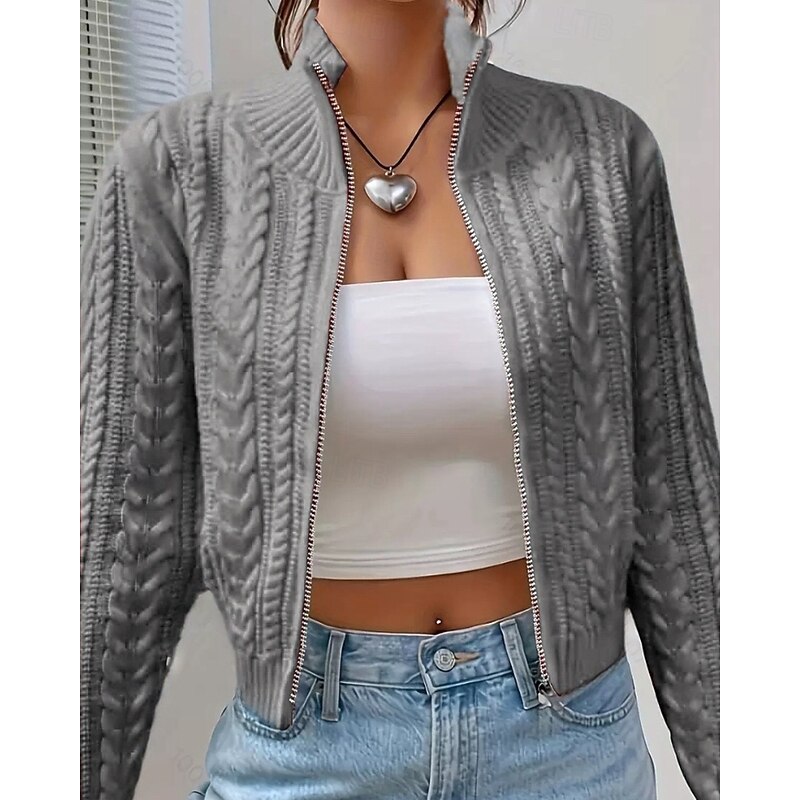 Women's Sweater Cardigan Streetwear Casual Solid Color Cable Stand Collar Zipper Knitted Long Sleeve Regular Tops Knit Daily Going out Weekend Wine Red Black Fall Winter3