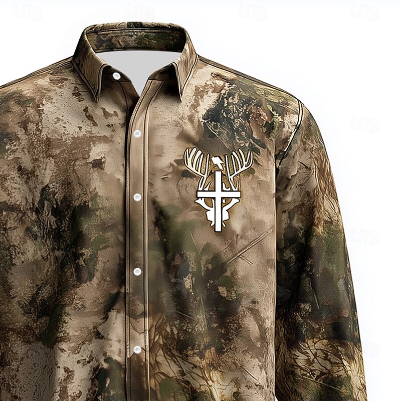 Men's Camo Camouflage Cross Shirt Western Shirt Cowboy Shirt Long Sleeve Vintage Retro Outdoor WorkWear Hunting Spring Fall Turndown 3D Print Linen Like Shirt Button Up Shirts Camouflage khaki3