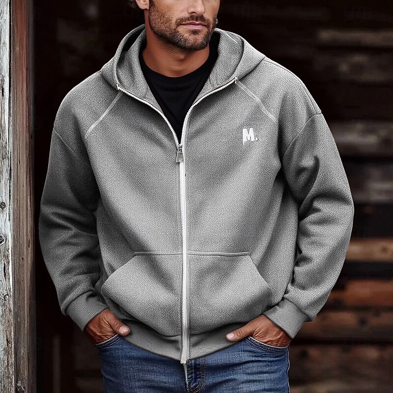 Men's Hoodie Full Zip Hoodie Black Brown Light Grey Dark Gray Hooded Letter Pocket Embroidery Sports & Outdoor Daily Holiday Polyester Streetwear Basic Casual Spring Fall Clothing Apparel Hoodies3