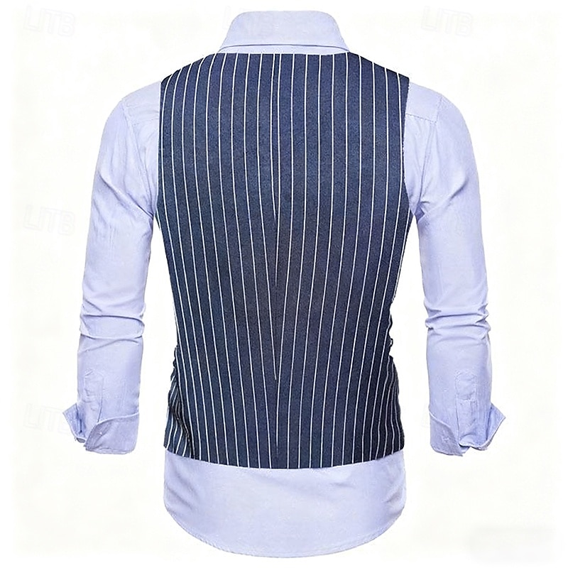 Men's Vest Waistcoat Gilet Vacation Party Business Fashion Casual Spring Fall Pocket Buttons Polyester Comfortable Stripes Double Breasted V Neck Regular Fit Navy Blue Vest2