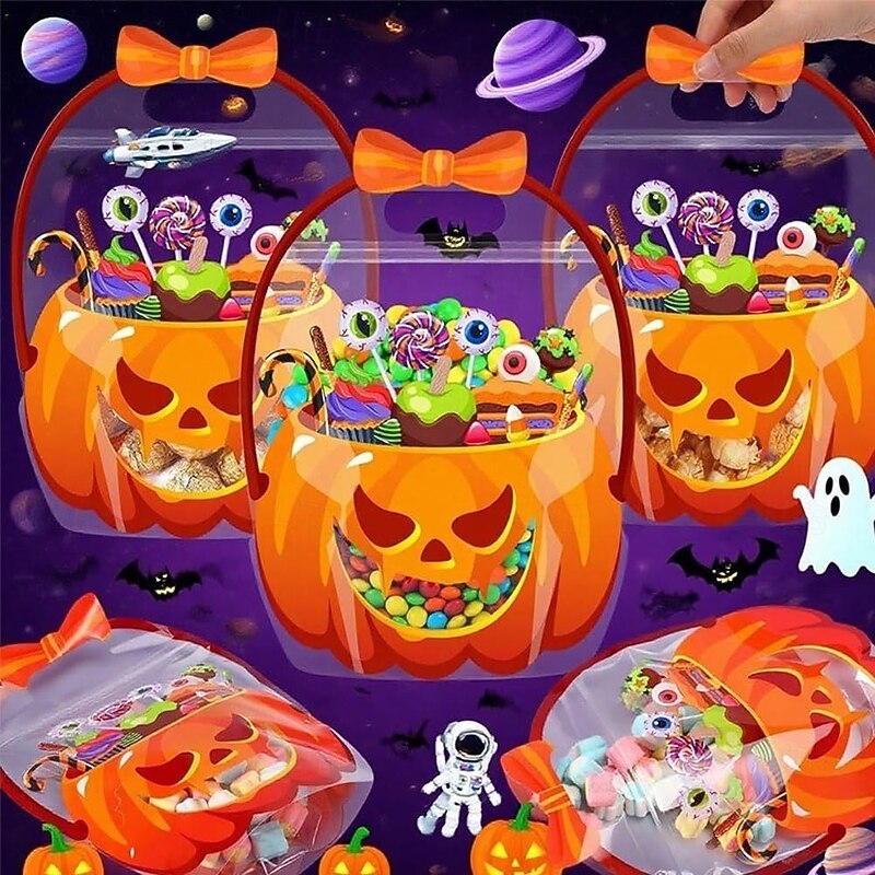 10Pcs Halloween Favor Bags Transparent Pumpkin/ Cauldron Sealed Pouches with Handles Resealable Happy Plastic Favor Bags for Holiday Party Candy Gift Wrapping Supplies Decoration2