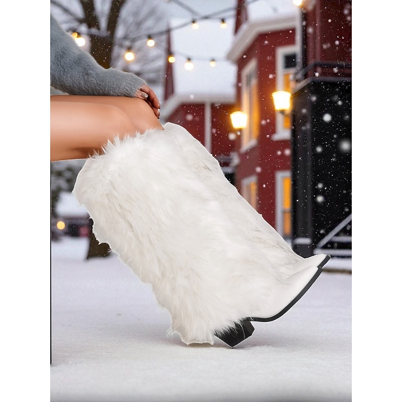 Women's White Faux Fur Knee High Boots - Fluffy Winter Party Footwear with Block Heel, Chic Festival Style for Ladies, Ideal for Nightlife, Cosplay & Holiday Outfits3