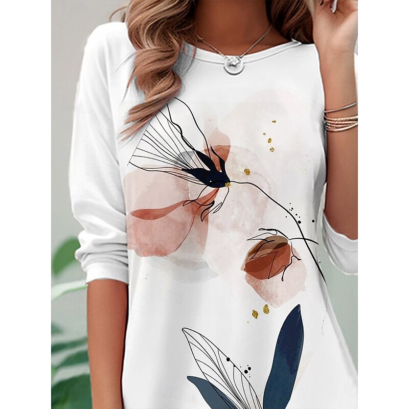 Women's T Shirt Floral Graphic Abstract Vintage Stylish Classic Long Sleeve Crew Neck Round Neck Regular Tops Daily Print White Pink Spring Fall Winter2